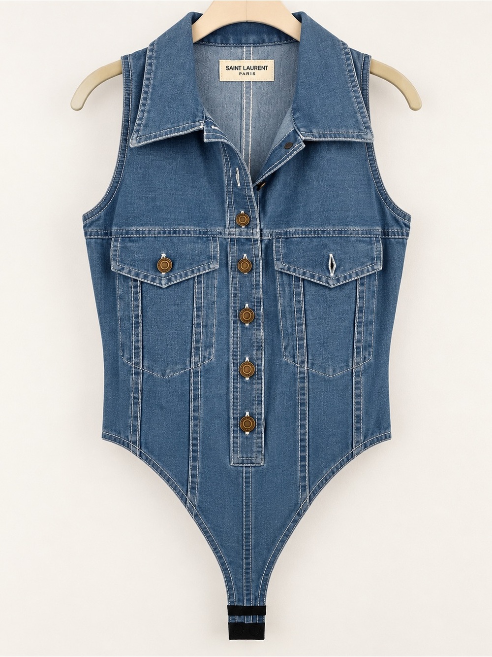 Saint Laurent Denim Bodysuit Blue Sleeveless Collared Snap Crotch FR 36 US 4